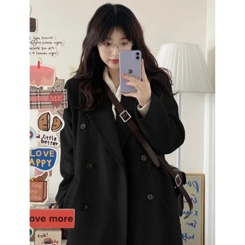 Hepburn style black woolen coat for women mid-length woolen coat