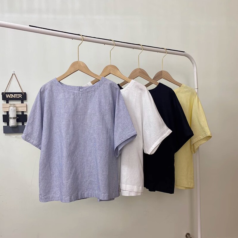 Women's Hemp Cotton Short-Sleeve Blouse T-Shirt Top Base Layer Women's Inner Wear Summer Casual Shirt