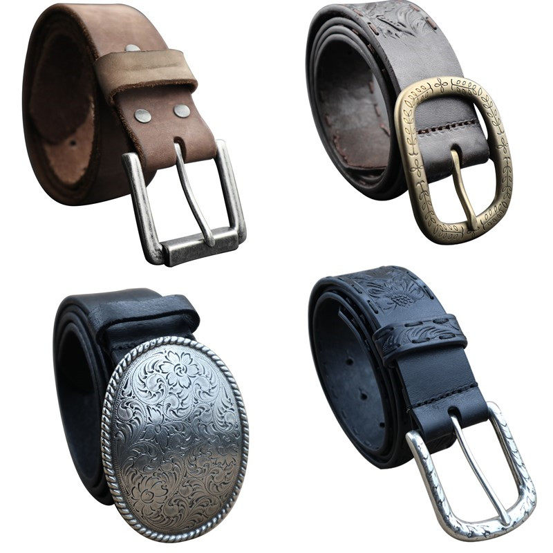 Imported cowhide vegetable tanned leather American ancient silver Sheridan Tang grass pattern buckle personality black carved 38mm belt strip