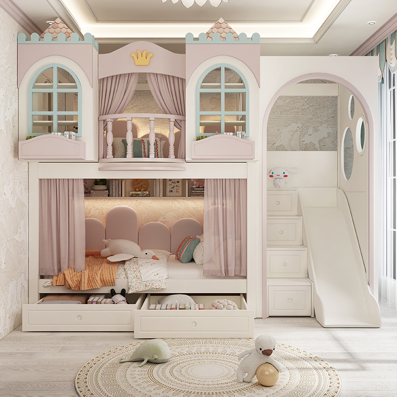All-Solid Wood Cartoon Girl Double-Layer Climbing Bed, Dreamy Castle Princess Bed with Equal Width at the Top and Bottom, Treehouse High and Low Climbing Bed