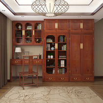 Red wood bookcase desk integrated whole wall floor leaning against wall cabinet log full solid wood bookshelf combination customised new Chinese