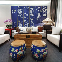 Drum stool new Chinese style furniture ethnic characteristics low stool antique cowhide painted drum pier solid wood round stool chair guzheng stool