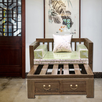 Pure solid wood chicken wing wood sofa dual-use push-pull new Chinese style small apartment multi-functional small bed adult bed log furniture