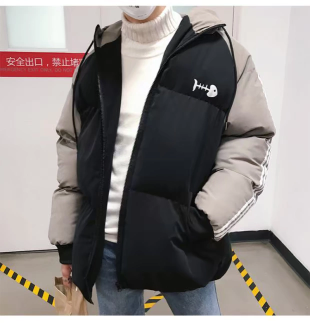 Mèo sọc raglan tay áo cotton quần áo nam cộng với phân bón XL áo khoác mỡ lỏng áo trùm đầu dày bánh mì mùa đông