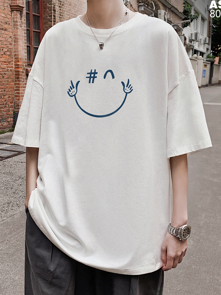 Smiley face cotton medium sleeve short sleeve t-shirt men's fashion brand fat man loose plus fat size Korean T-shirt summer 230 kg