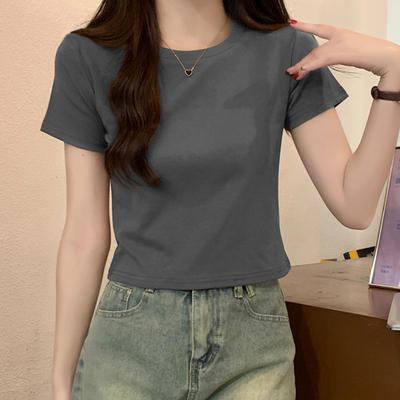 2026 New European-style stylish short-sleeved T-shirt for women, summer slim-fit cotton short base layer, half-sleeved hidden flesh top