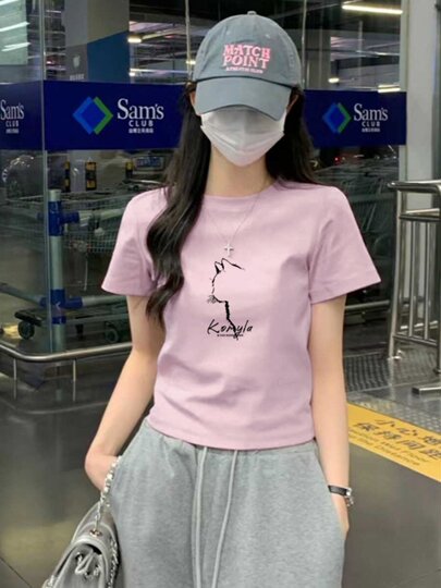 Letter printed right shoulder short sleeve t-shirt for women 2025 summer new style American retro slim slim short top trendy