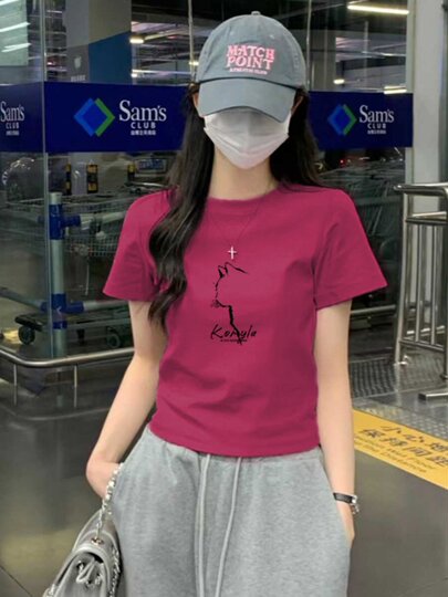 Letter printed right shoulder short sleeve t-shirt for women 2025 summer new style American retro slim slim short top trendy