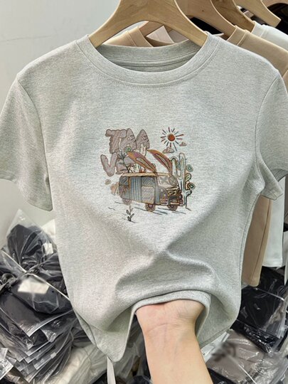 2025 summer new fashion style age-reducing short-sleeved T-shirt for women slimming American cotton sweet girl bottoming top