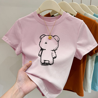 Pink Round Neck Short-Sleeved T-Shirt for Women, New Summer Style, Short and Slim-Fitting, Basic Shoulder-Length Top for a Slim Look, Hot Girl Style