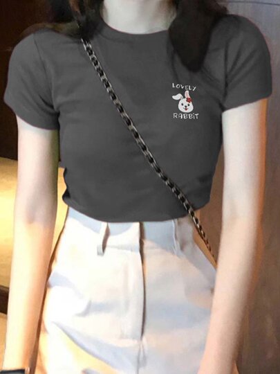 American retro trendy brand printed right shoulder slim short-sleeved T-shirt for women summer 2025 new half-sleeved short top for women