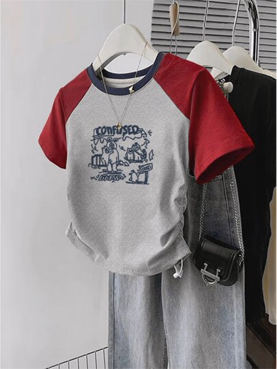 American cotton fashion brand contrasting color raglan short-sleeved T-shirt for women summer sweet and cool hot girl style right shoulder slim short top