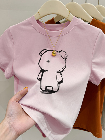 Pink round neck short-sleeved t-shirt for women summer new style short slim fit inner wear slim right shoulder basic hot girl top