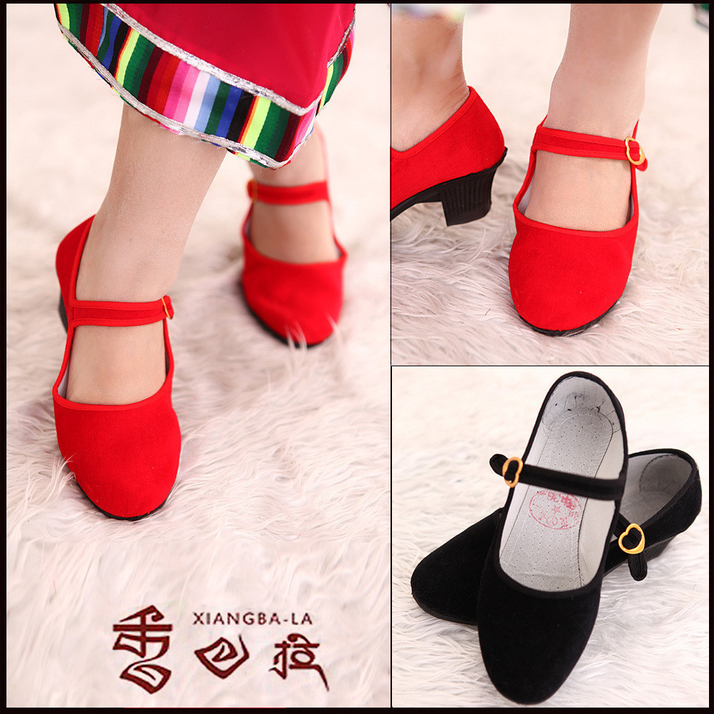 Ethnic dance shoes restaurant hotel exhibition gift shoes rubber sole strap female red black high-heeled flat shoes