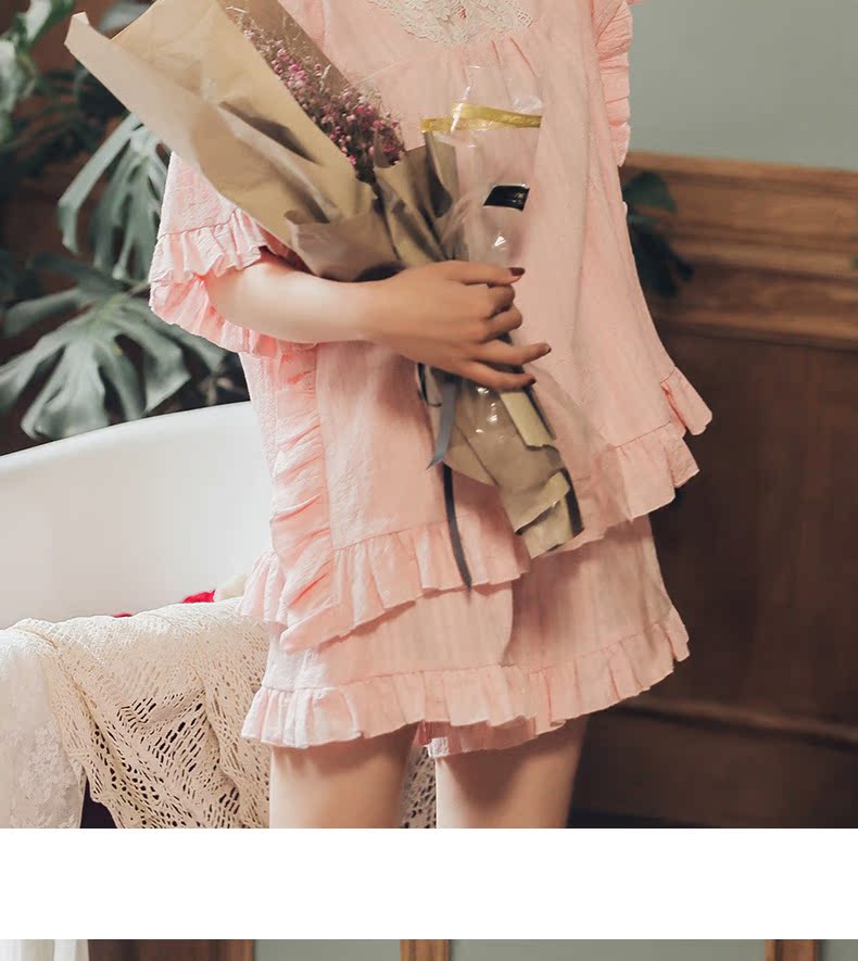 Bộ đồ ngủ mùa xuân và mùa hè quần short ngắn tay phù hợp với công chúa bông gió nữ hai mảnh lỏng lẻo phần mỏng dịch vụ nhà ngọt ngào - Giống cái đồ bộ dài tay mặc nhà