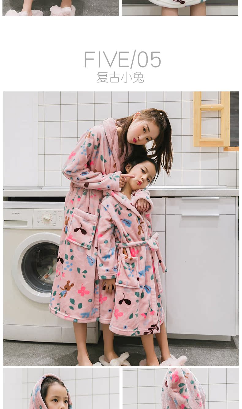 Gegemi mới dày flannel cha mẹ-con áo choàng mẹ và con gái mùa thu và mùa đông san hô lông cừu áo tắm áo tắm vay ngu