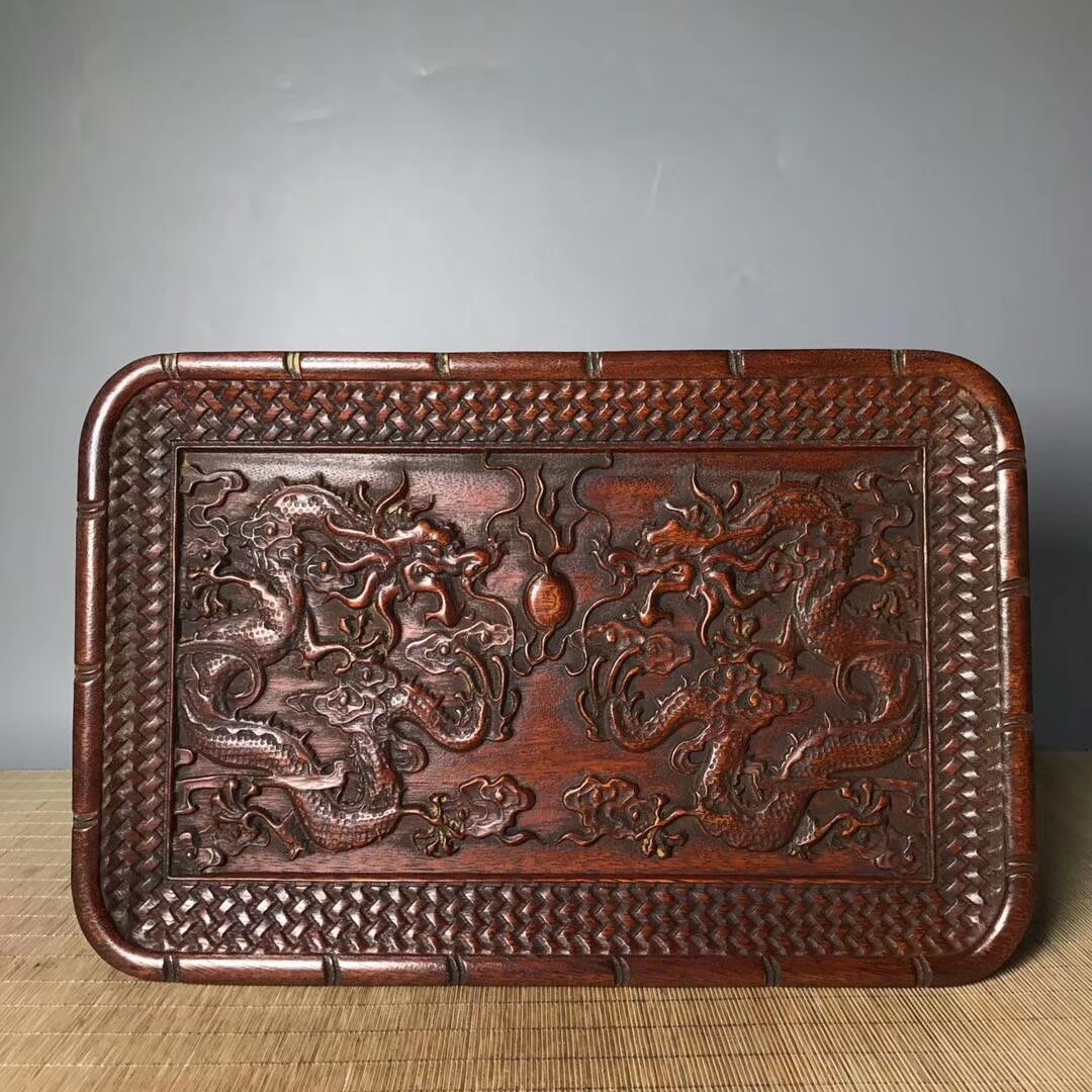 Antique solid wooden plate collection Antique Made Old Flower Pearl Dragon Dragon Dragon Dragon Play Tray