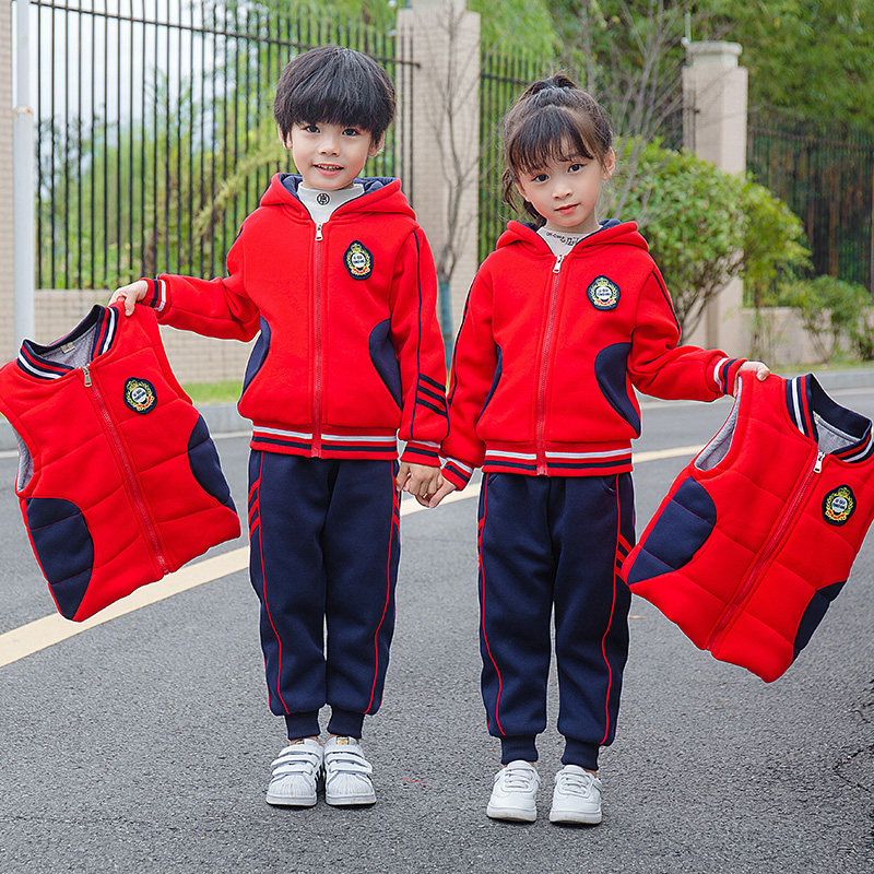 Children's kindergarten school uniforms winter three sets Inren wind plus suede thickened nursery school class clothes autumn and winter suit sports