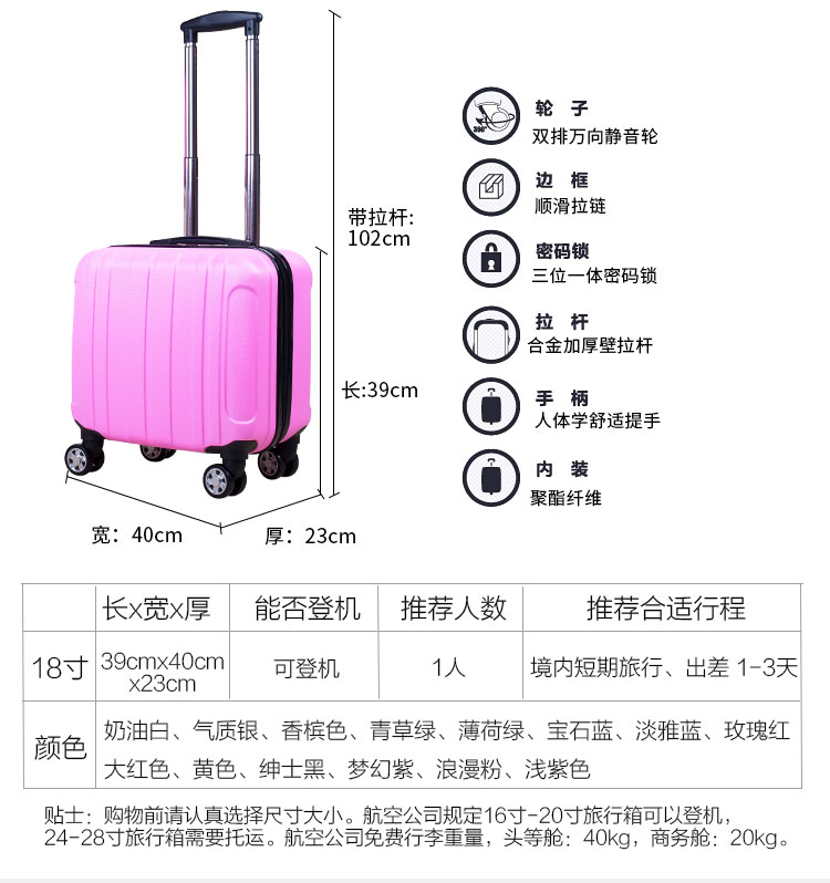 Tùy chỉnh logo18 inch xe đẩy trường hợp giải thưởng phổ quát bánh xe lên vali nhỏ nữ vali mật khẩu mini 20 vali màu hồng