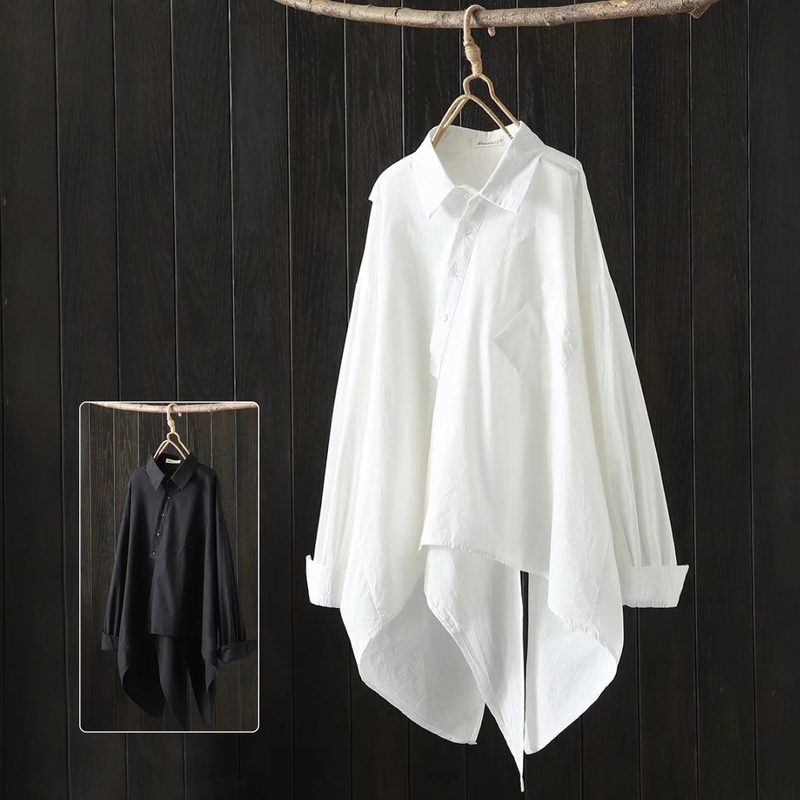White Shirt for Women with a Unique Design, 2023 Spring/Summer New Style, Irregular Loose-Fitting Base Shirt, Long-Sleeved Shirt
