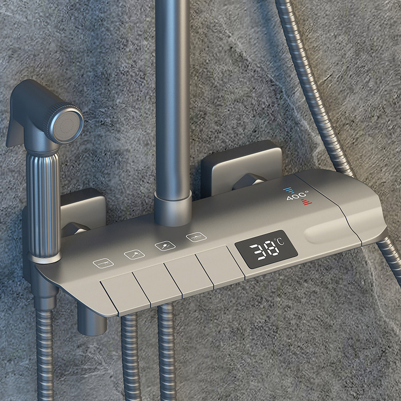 vòi sen inox Nút Piano Bộ Sen Tắm Thông Minh Màn Hình Hiển Thị Kỹ Thuật Số Súng Màu Xám Bather Phòng Tắm Nhiệt Độ Không Đổi Vòi Phun Mưa Full Đồng bộ sen tắm vòi nước nóng lạnh bồn rửa chén