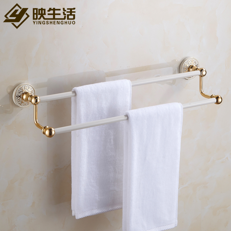 Double rod towel rack gold plus white bath towel rack towel pole space aluminum European bathroom hardware pendant free of punching
