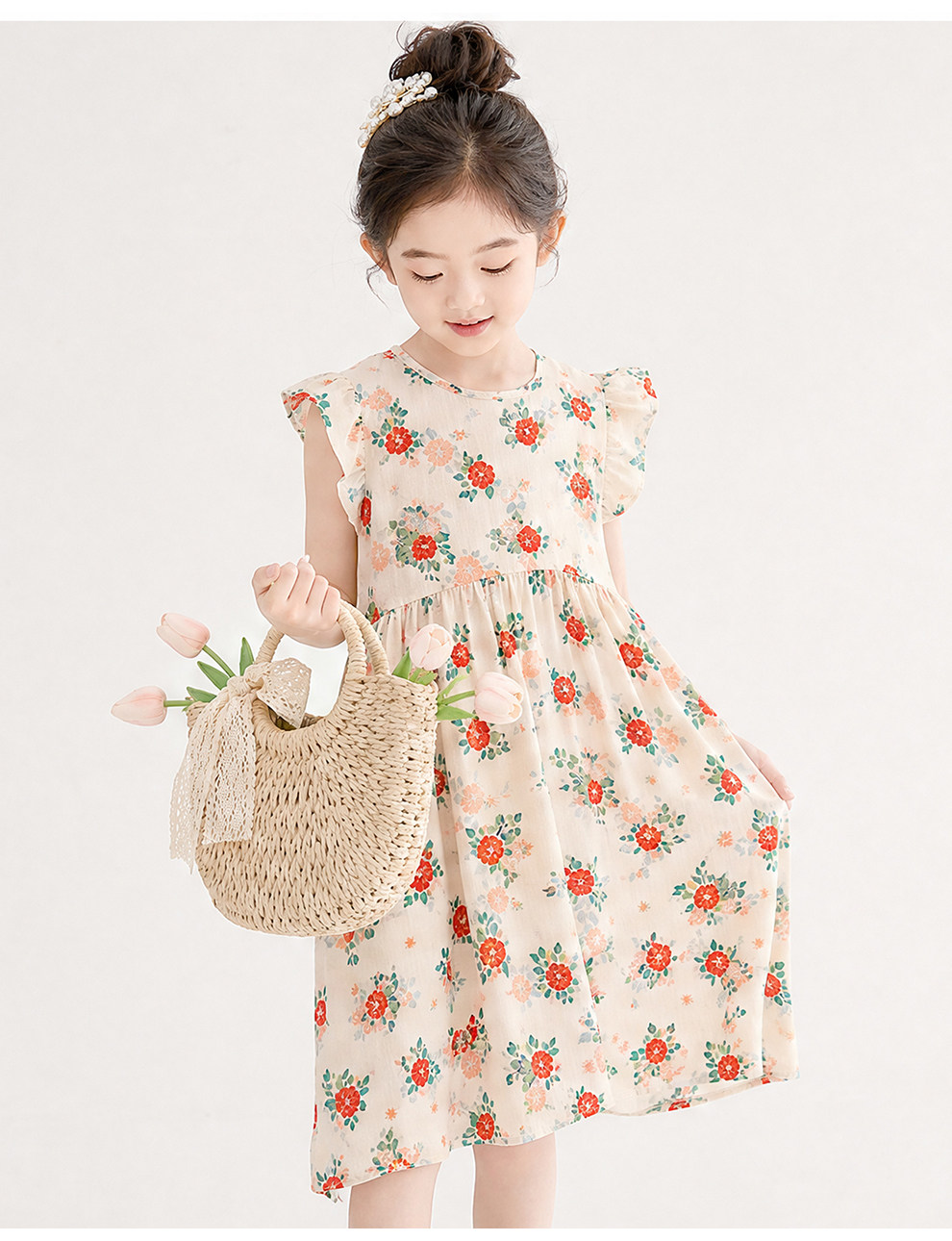 女童棉绸连衣裙夏季儿童绵绸裙子小飞袖家居睡裙碎花中大童公主裙 — 17
