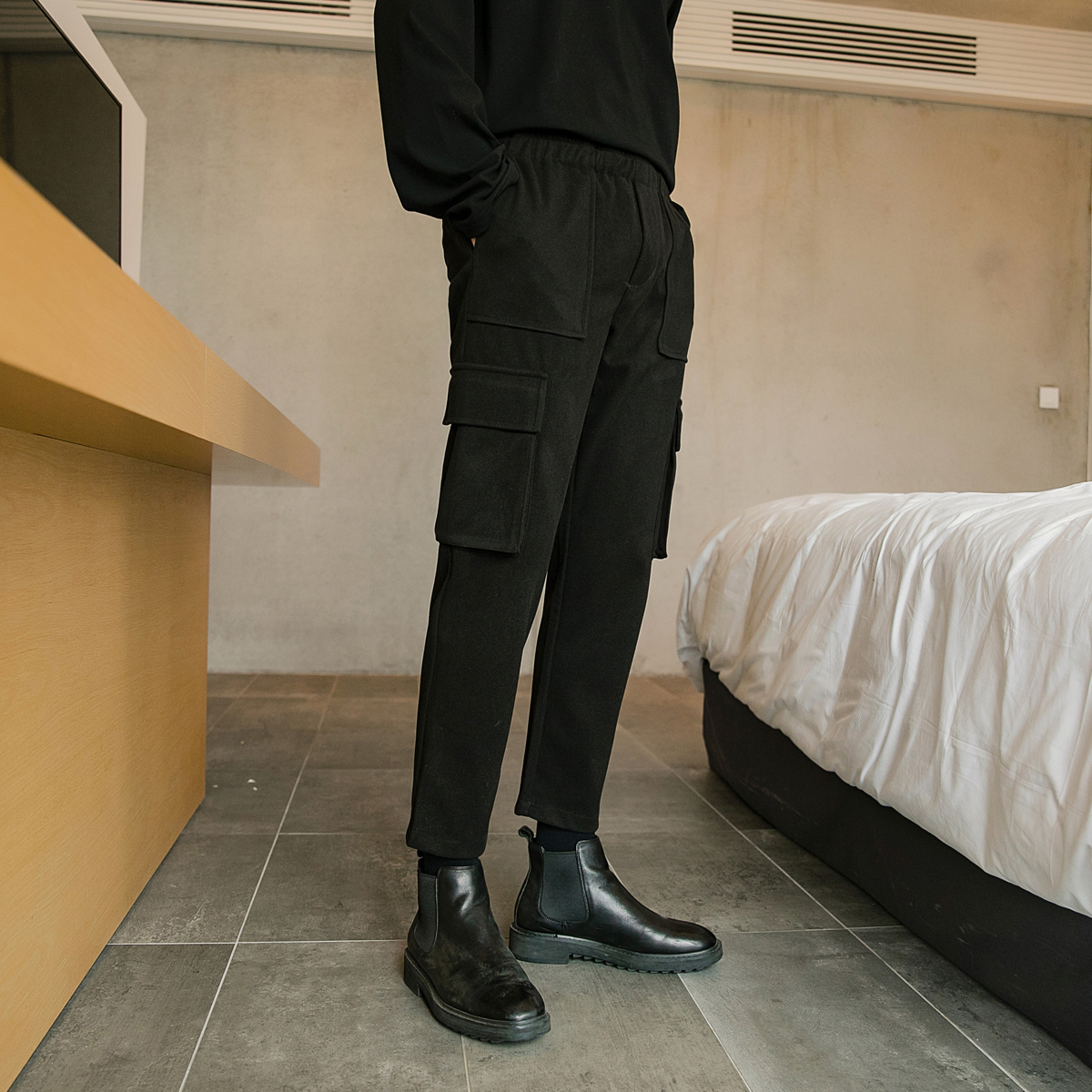 Sicily nam cổng gió mạng quần đỏ len đen Quần yếm thẳng của nam quần short jean nam
