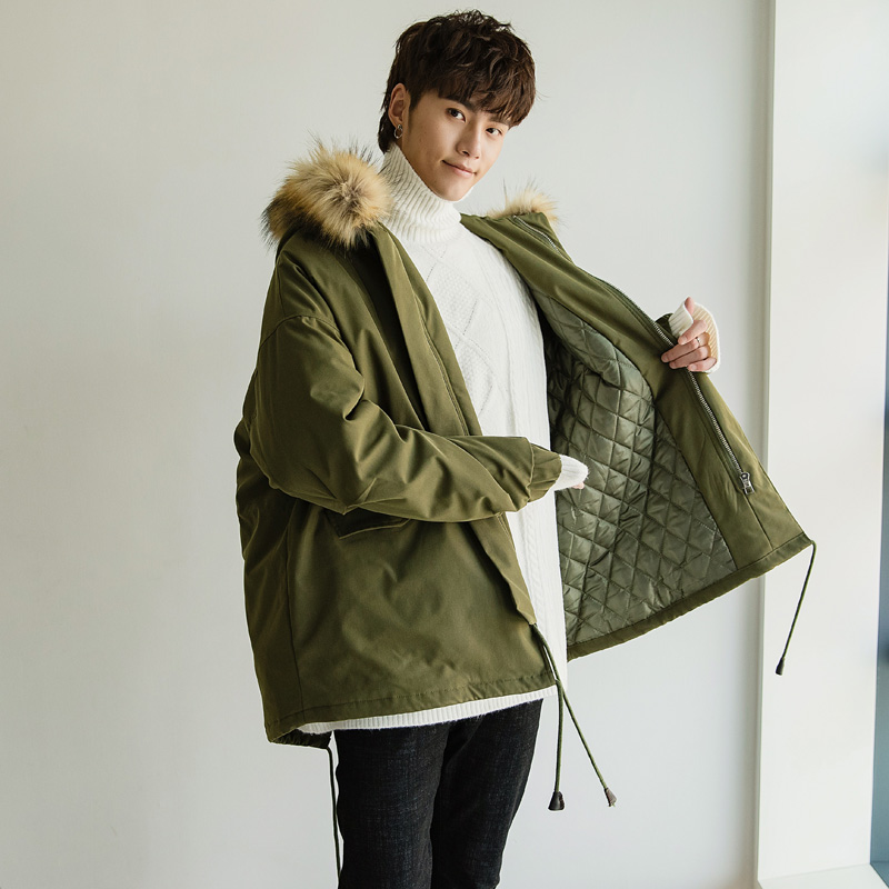 Áo khoác nam Sicilia trùm đầu dài phần lông cổ áo khoác nam áo khoác thủy lực lỏng Parker cotton phù hợp với phiên bản Hàn Quốc áo bomber