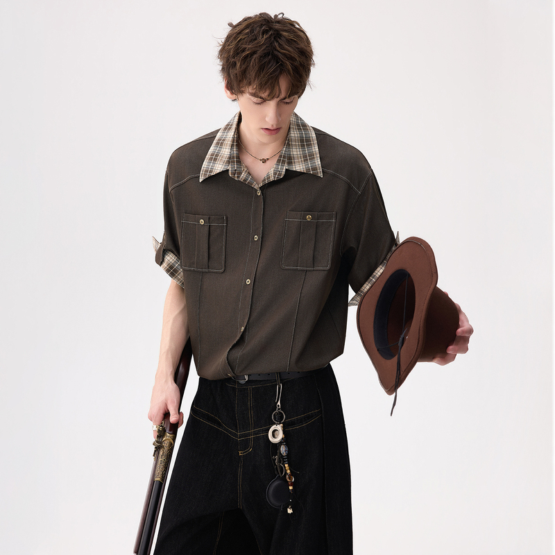 Chicerro Sicilian Men's Clothing American Retro High-End Bronze Buckle Imitation Ice Silk Denim Shirt Short-Sleeved for Men Chicerro Sicilian Men's Clothing American Retro High-End Bronze Buckle Imitation Ice Silk Denim Shirt Short-Sleeved for Men