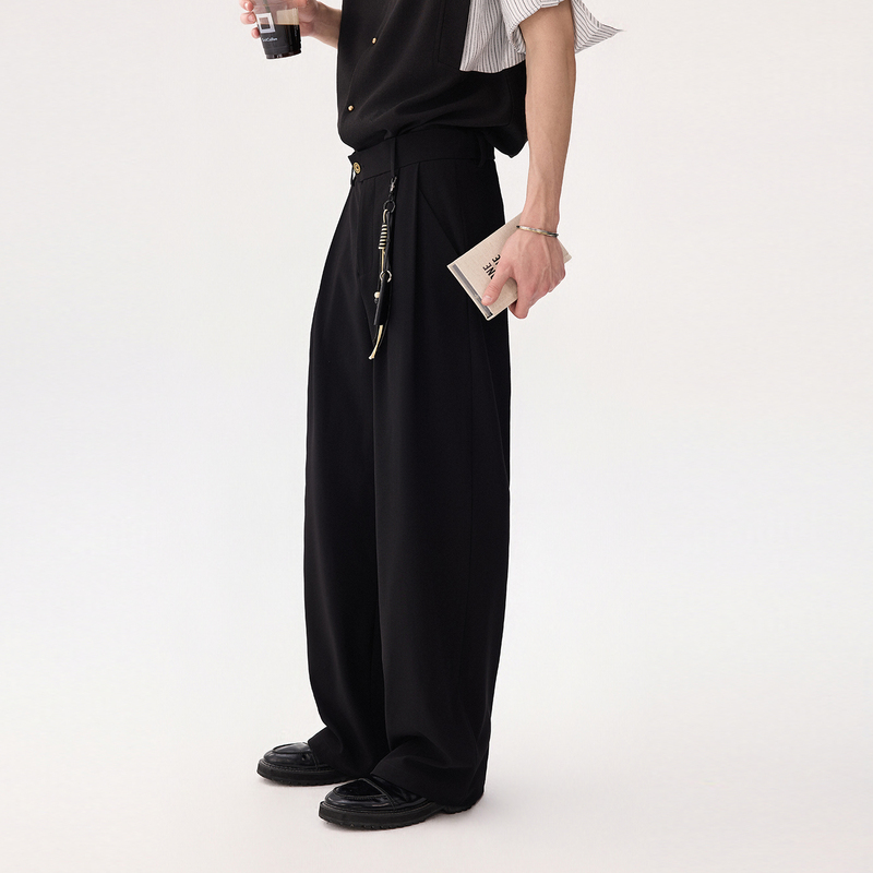 Chicerro Sicilian Men's Clothing, Light Luxury Design, Leather Cord Decoration, Double Pleated Casual Trousers, Men's Loose and Versatile