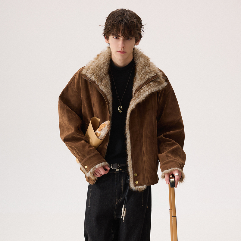 Chicerro Sicilian Men's Suede Leather Stand-Up Collar Jacket Men's Thickened Warm Windproof Jacket Trendy