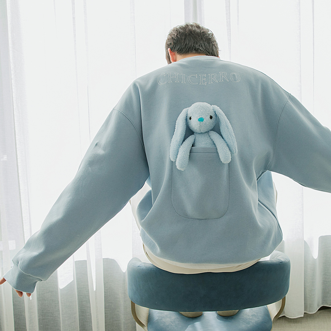 Sicilian men's clothing small frescoed men's design senses cute blouses loose blue round collar little bear thick cotton T male trend