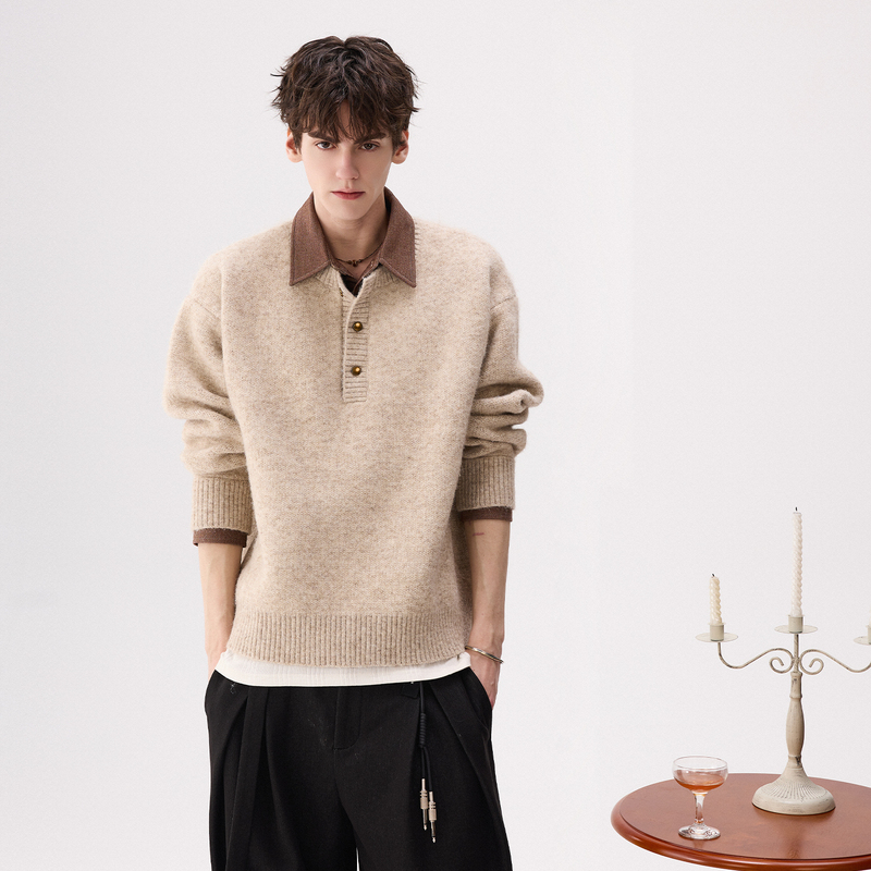 Chicerro Sicilian Men's Clothing with Artistic Design, Faux Two-Piece Denim Shirt Collar Sweater, Men's Inner Layer Top