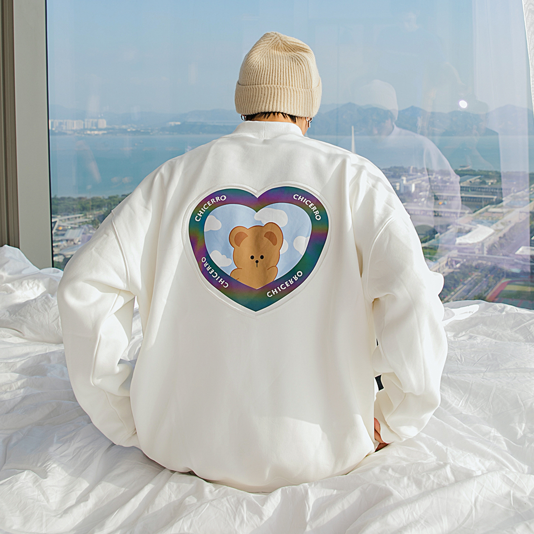 Sicilian men's New loose long sleeve back cute reflective bear trend wild white high collar thick cotton T