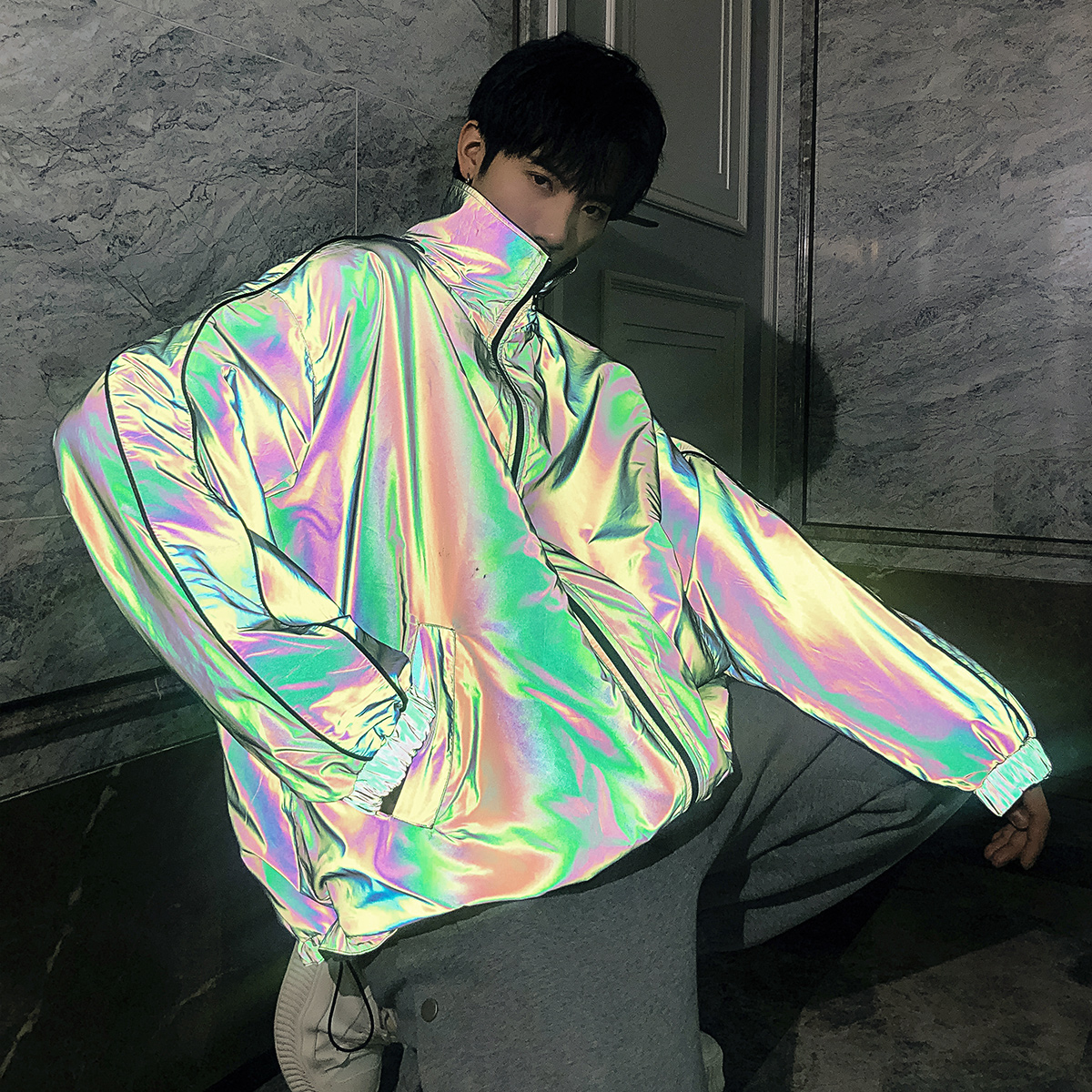 Sicilian men's clothing 2020 new trendy teens Two sides wear standout reflective casual jacket jacket male tide