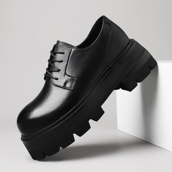 High-end men's black british-style casual leather shoes, new round-toe thick soles, taller large scalp shoes, men's derby shoes