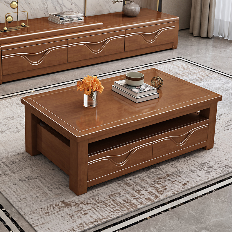 Modern Chinese-style solid wood coffee table simple small apartment tea table home living room simple rectangular coffee table two-tier tea table