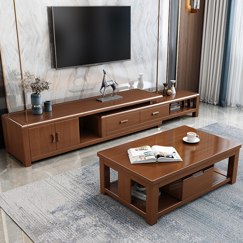 Chinese-style solid wood TV cabinet coffee table combination modern telescopic small apartment simple modern living room walnut color floor cabinet