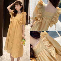 Pregnant women summer wear season large loose snow spinning new medium and long sweet French short sleeve high end dress