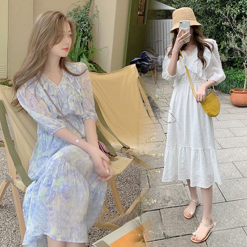 Pregnant women summer season chiffon floral large size Korean version French new medium and long version temperament small fresh top dress