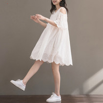 Pregnant women summer wear retro loose and large-scale open shoulder long gentle sweet high-end tide tops dress