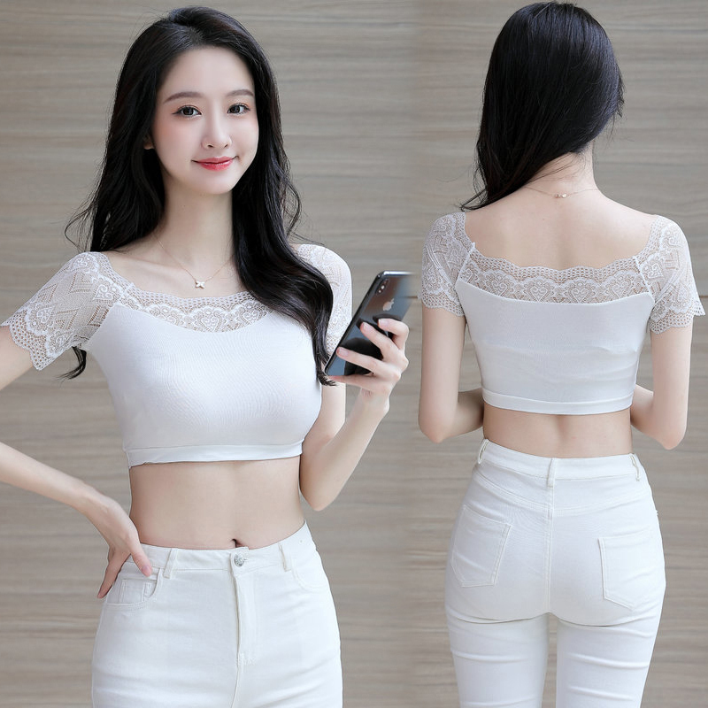 Half-Length Modal Base Shirt, White, Sexy Lace Tube Top, Versatile Top, T-Shirt, Short-Sleeved, Summer Women's Wear