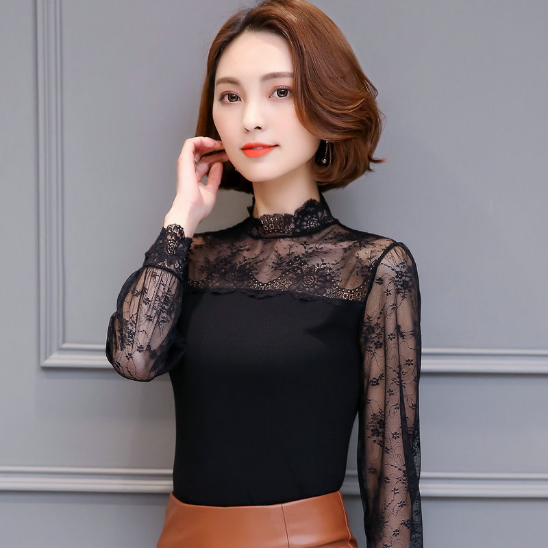 Lace Base Shirt for Women, Long-Sleeved T-Shirt, Plus Size, Stand-Up Collar, Modal Inner Layer, Hollow-Out Top, Trendy 2026 Spring and Autumn New Style