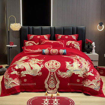 Wedding four-piece set with red dragon and phoenix embroidery