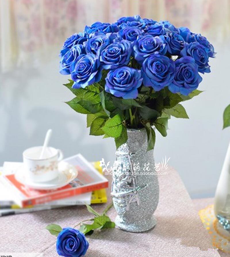 High-quality simulation blue rose single realistic feel moisturizing silk flower wedding home decoration flower arrangement fake flower