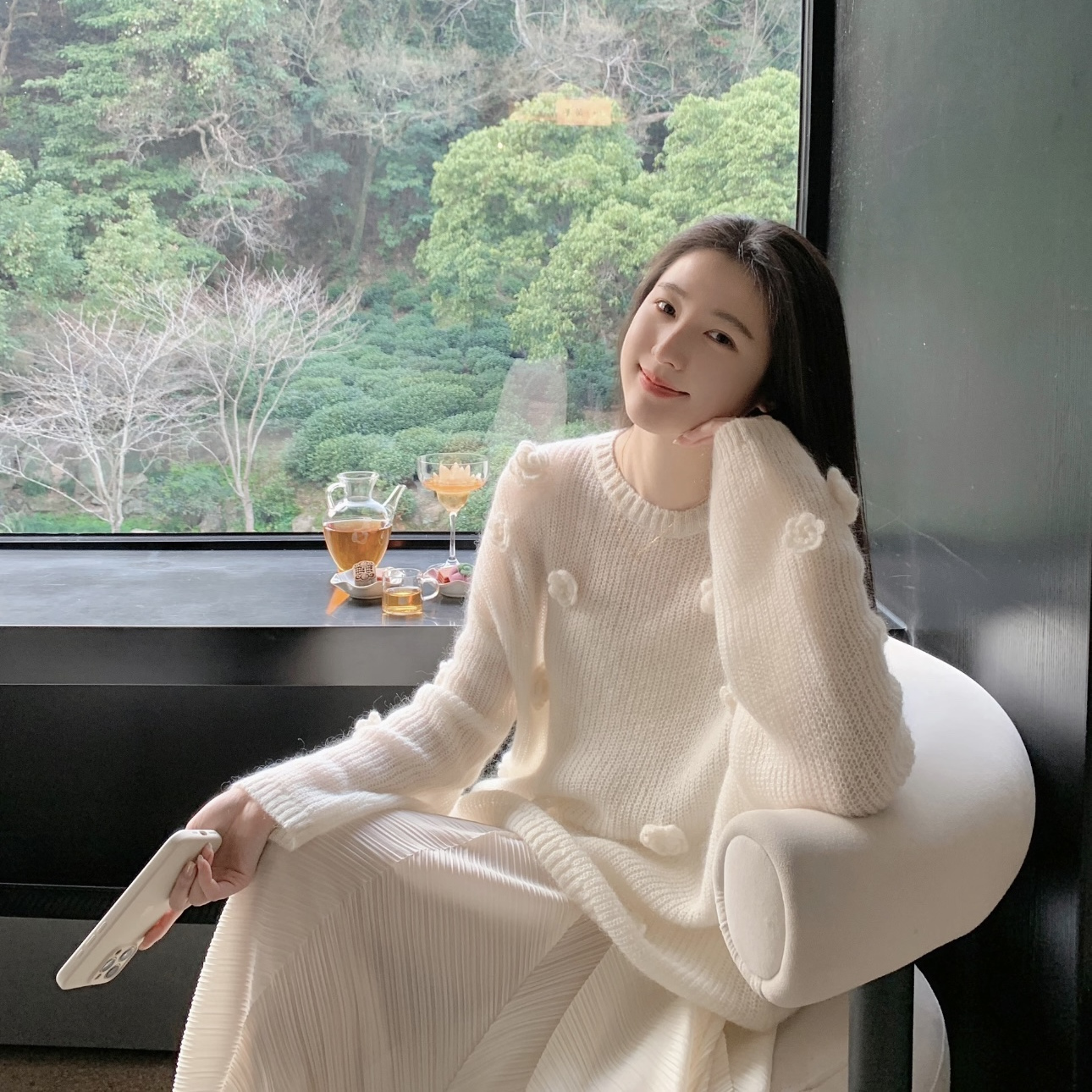 ホワイト翡翠色！美白手編みカメリアモヘアルーズブラウス2025春夏レディースルーズセーター