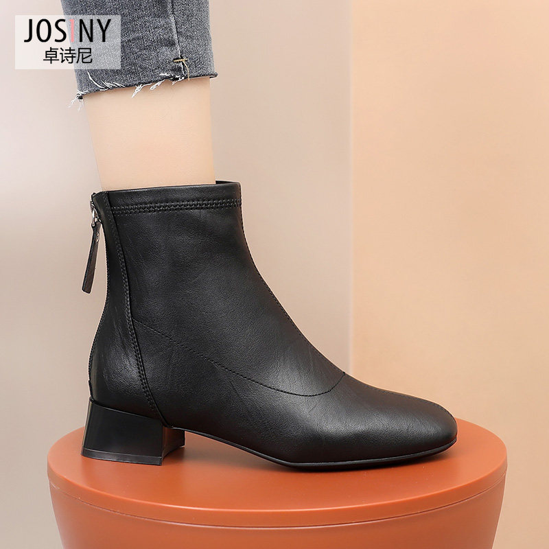 Zhuoshini 2021 winter new square head thick heel middle heel zipper fashion boots women commuter European and American style short barrel boots