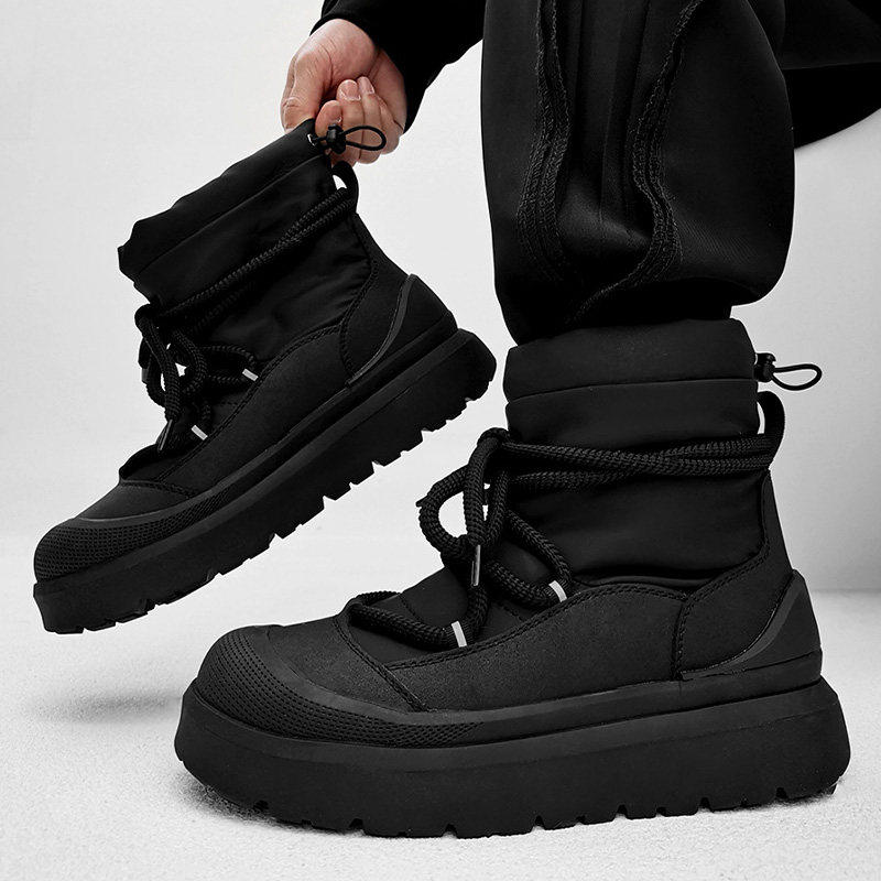 Men's Winter Snow Boots with Plush Lining, Thickened for Warmth, High-Top Cotton Shoes, Non-Slip, Wear-Resistant, Thick-Soled, Height-Increasing Black Martin Boots