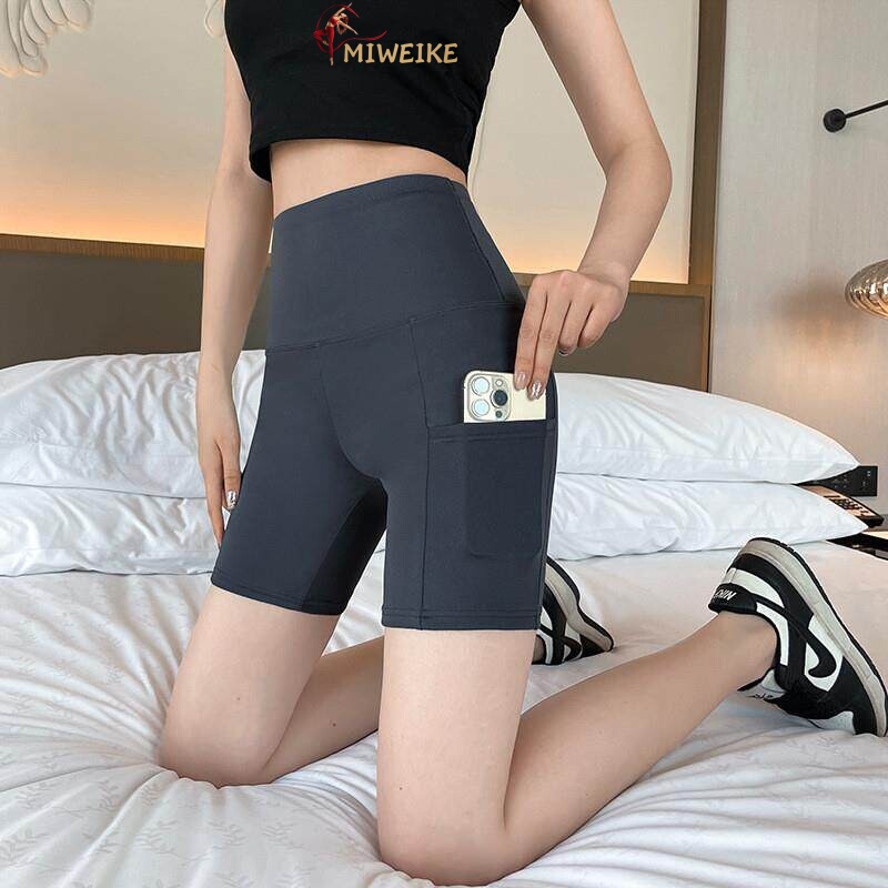 French Miweike Pocketed Shark Pants Summer Thin Ice Silk Tummy Control Yoga Cycling Safety Shorts